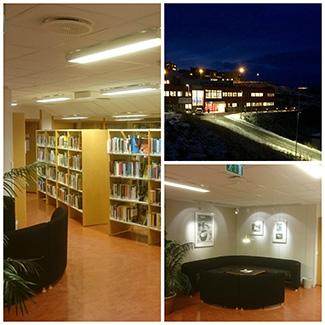Kollage av Hammerfest bibliotek både utenfor og inni bygget
