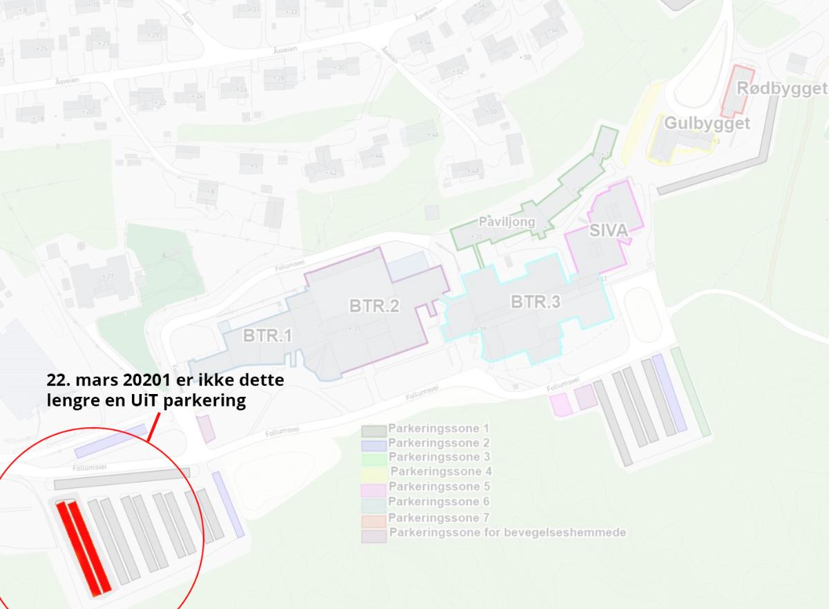 kart over parkeringsplassene ved UiT i Alta