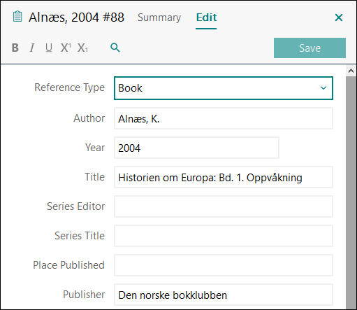 Utfylling av felter i EndNote: Enkeltbind i flerbindsverk med egen tittel APA 7