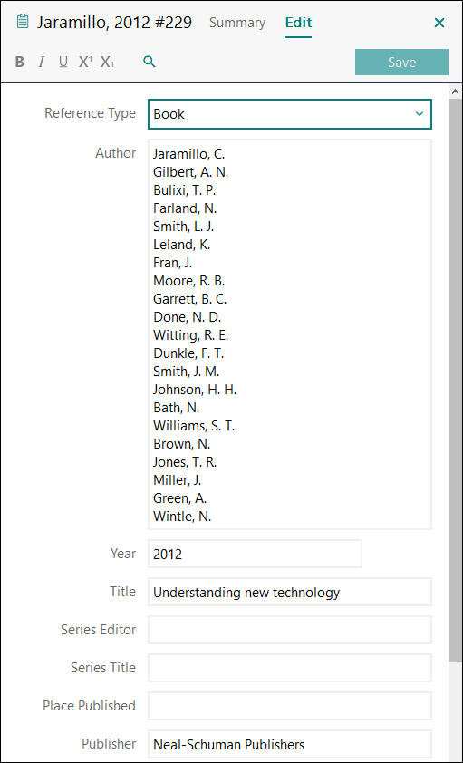 Utfylling av felter i EndNote: Bok med tjueen eller flere forfattere APA 7
