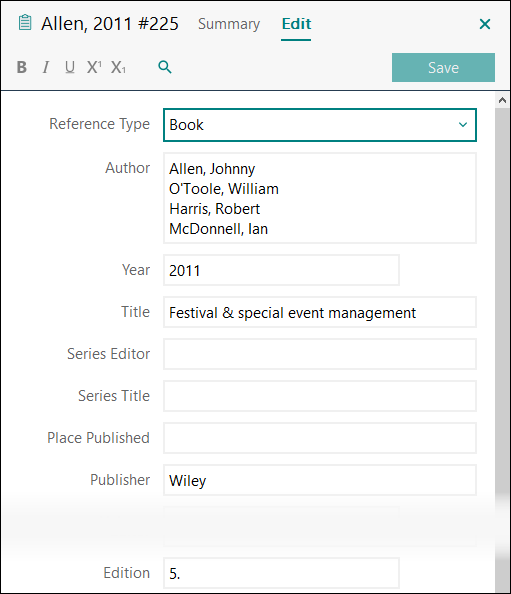 Utfylling av felter i EndNote: Bok med tre til tjue forfattere APA 7