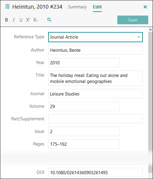 Utfylling av felter i EndNote: Tidsskriftartikkel med én forfatter APA 7