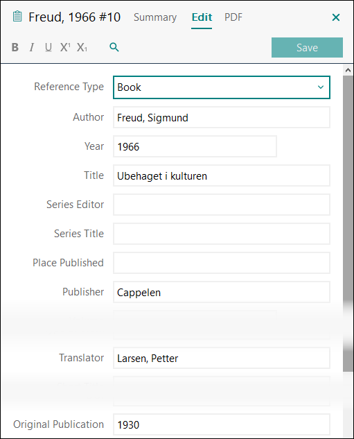 Utfylling av felter i EndNote: Oversatte bøker APA 7