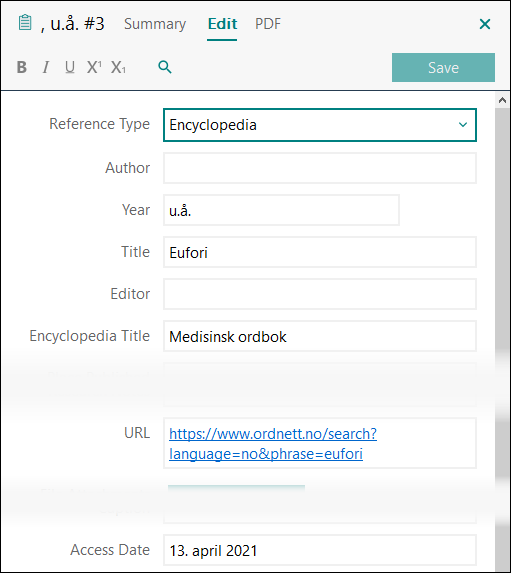 Utfylling av felter i EndNote: Artikkel i oppslagsverk fra internett uten forfatter med lesedato APA 7