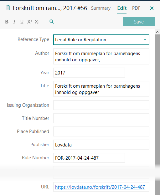 Utfylling av felter i EndNote: Forskrifter APA 7