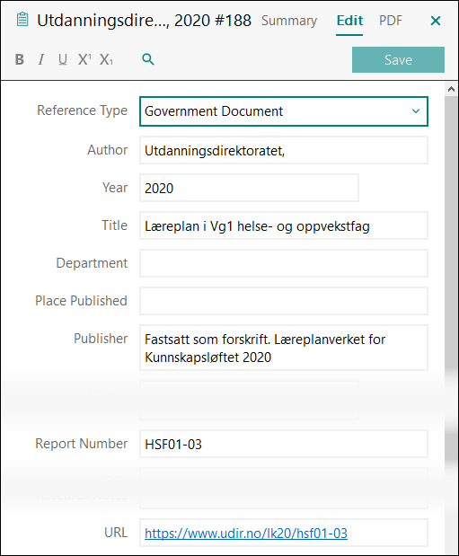 Utfylling av felter i EndNote: Læreplaner - Utdanningsdirektoratet APA 7