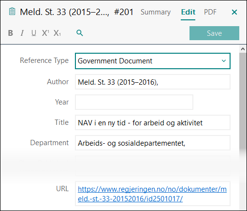 Utfylling av felter i EndNote: Melding til Stortinget APA 7