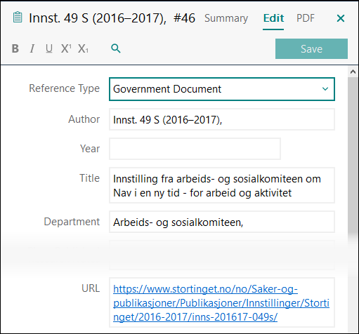 Utfylling av felter i EndNote: Innstilling til Stortinget APA 7