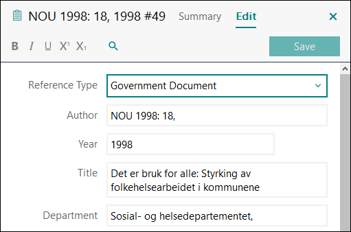 Utfylling av felter i EndNote: NOU trykt APA 7