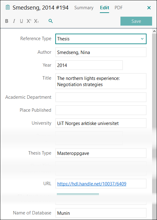 Utfylling av felter i EndNote: Doktorgradsavhandling eller masteroppgave fra institusjonelt arkiv APA 7
