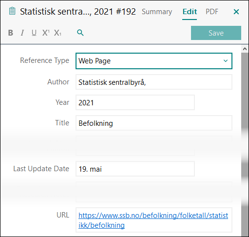 Utfylling av felter i EndNote: Statistikk fra internett APA 7