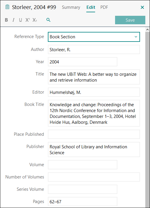 Utfylling av felter i EndNote: Konferansebidrag kapittel i bok med redaktør(er) APA 7