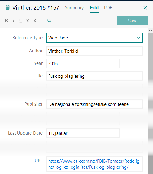 Utfylling av felter i EndNote: Nettside med forfatter APA 7
