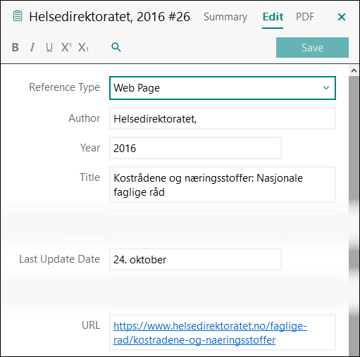Utfylling av felter i EndNote: Nettside med organisasjon som forfatter APA 7