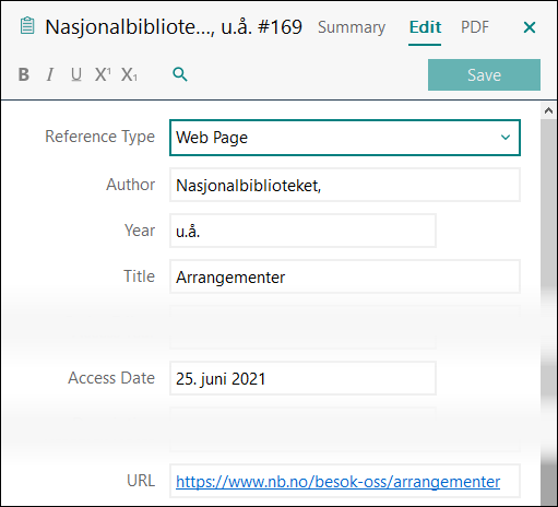 Utfylling av felter i EndNote: Nettside med lesedato APA 7