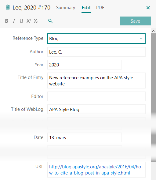 Utfylling av felter i EndNote: Blogginnlegg APA 7