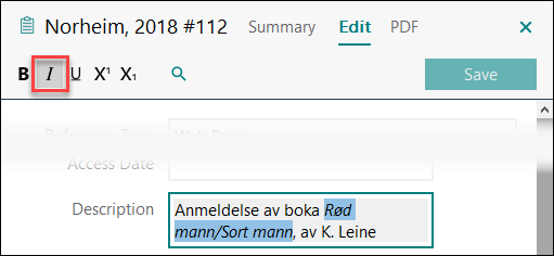 Utfylling av felter i EndNote: Hvordan få boktittel i kursiv i Description-feltet