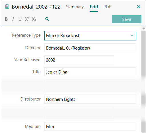 Utfylling av felter i EndNote: Film APA 7