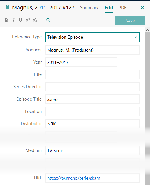 Utfylling av felter i EndNote: TV-serie fra internett APA 7