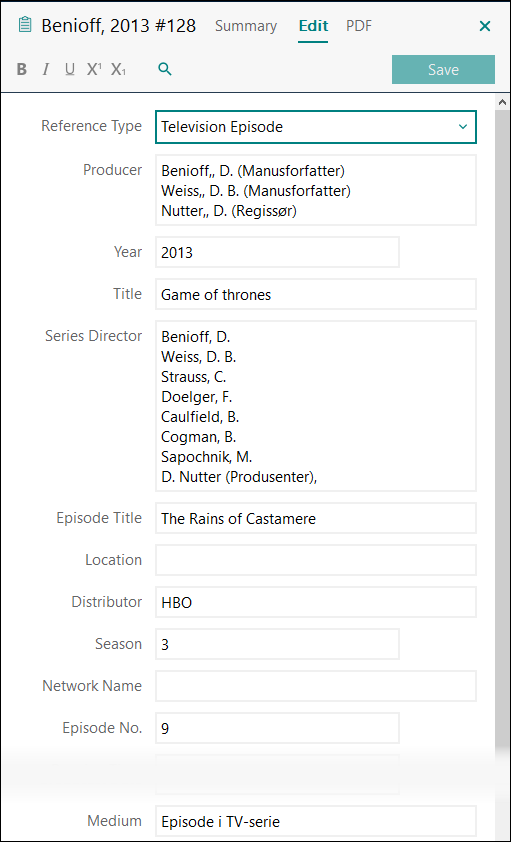 Utfylling av felter i EndNote: Episode i TV-serie fra strømmetjeneste APA 7