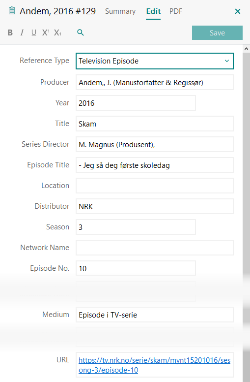 Utfylling av felter i EndNote: Episode i TV-serie fra internett APA 7