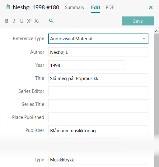 Utfylling av felter i EndNote: Musikktrykk APA 7