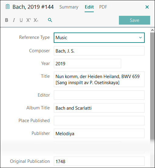 Utfylling av felter i EndNote: Enkeltspor - klassisk musikk APA 7