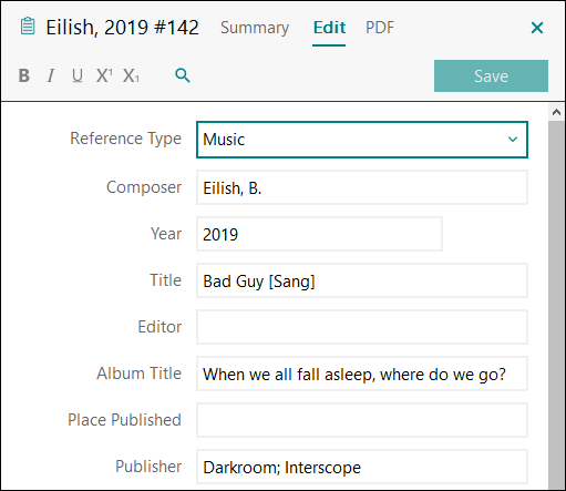Utfylling av felter i EndNote: Enkeltspor - moderne musikk APA 7