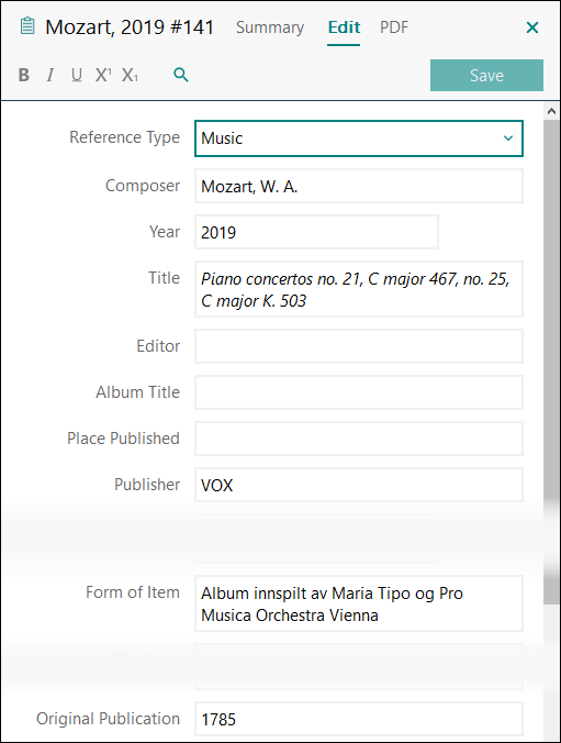 Utfylling av felter i EndNote: Album - klassisk musikk APA 7