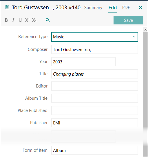 Utfylling av felter i EndNote: Album - moderne musikk APA 7