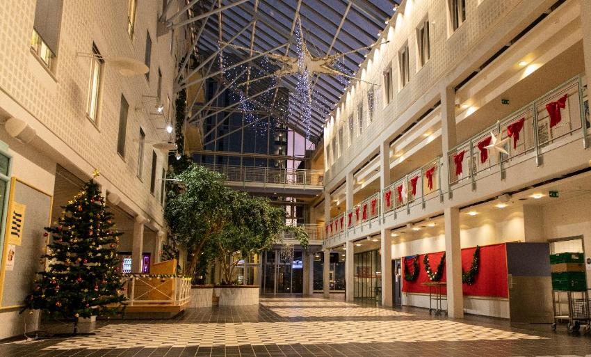 En foaje med tr&aelig;r og julepynt