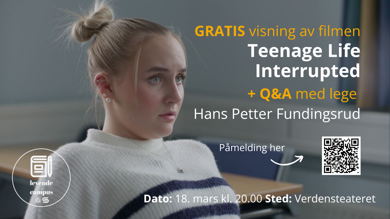 Illustrasjons-/bannerbilde for Gratis visning av filmen: "Teenage Life Interrupted" + Q&A M/ lege Hans Petter Fundingsrud 