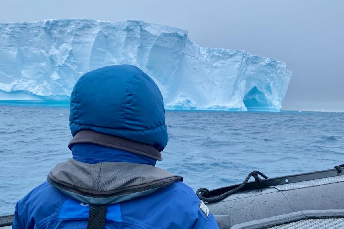 en person i en ribb står med ryggen til og ser på et enorm isfjell