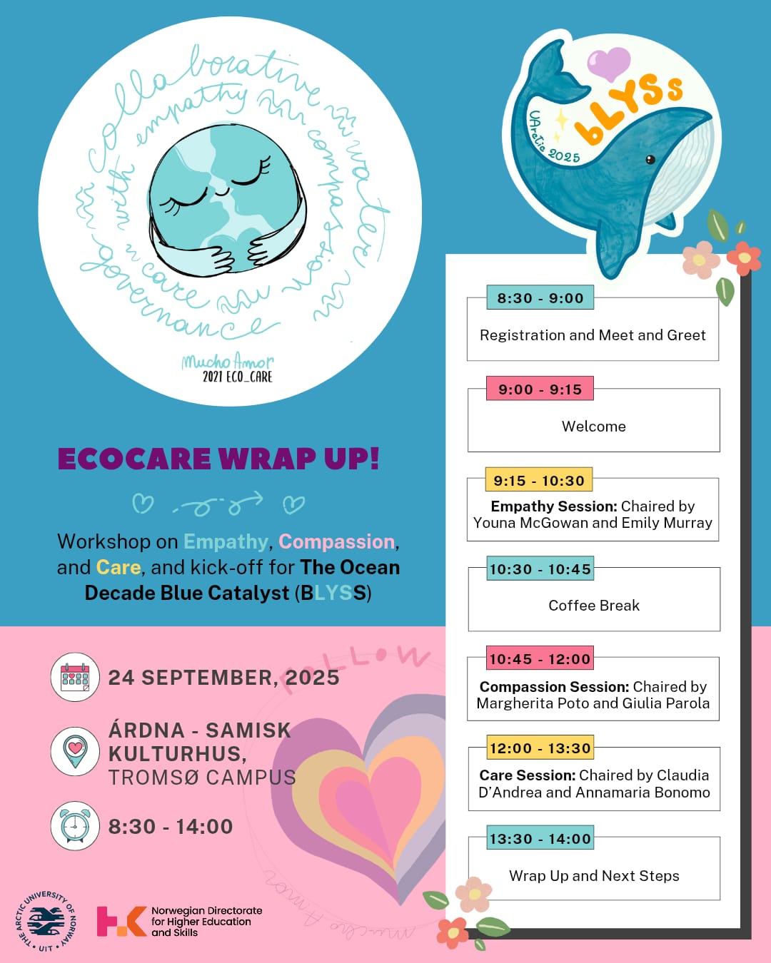 poster of program, pink and blue background