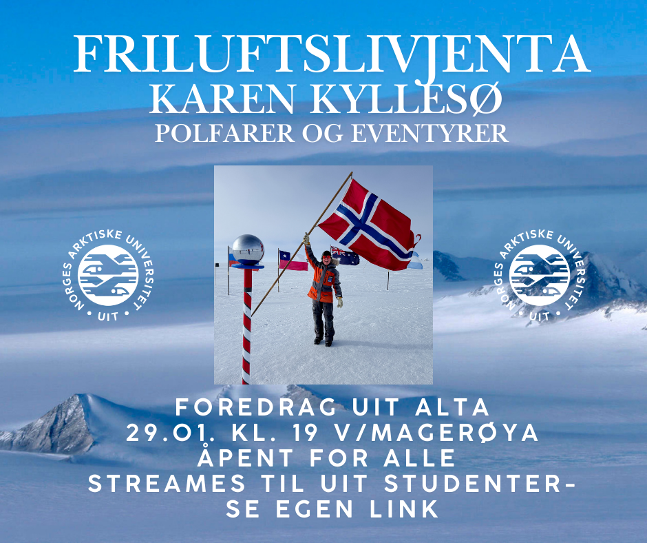 Illustrasjons-/bannerbilde for Foredrag med friluftsjenta Karen Kyllesø - streames og fysisk på campus v/ auditorium Magerøya